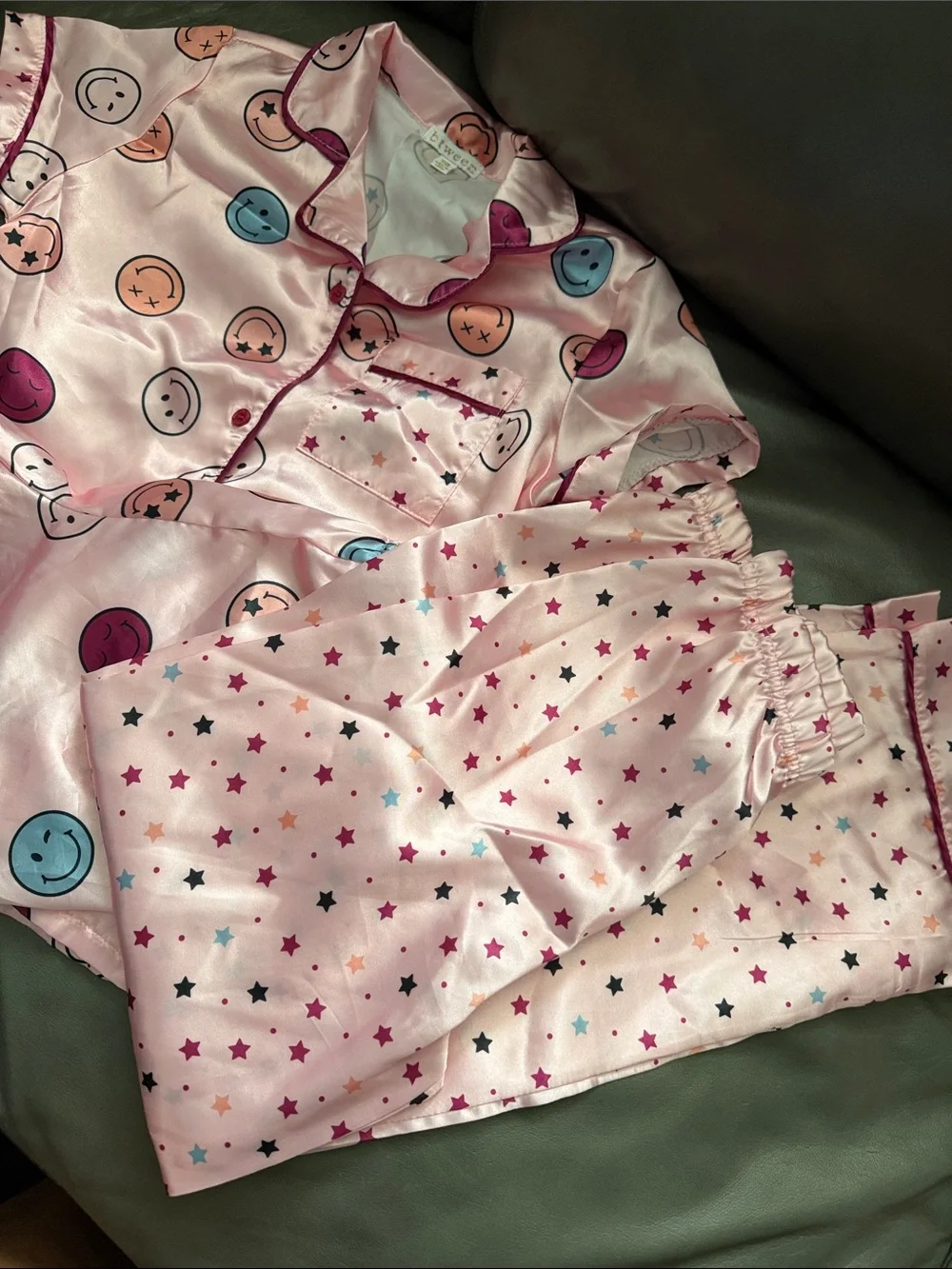 Kids Pink Star & Smiley Face Satin Pajama Set - 3-Piece
